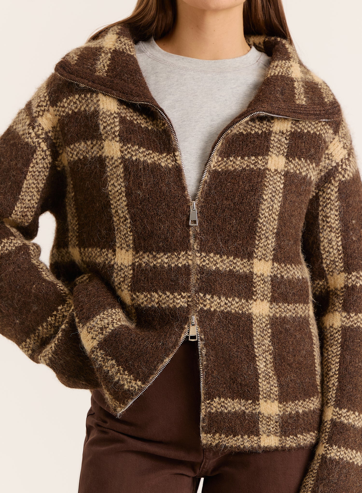 Chocolate Checked Knitted Zip Jacket